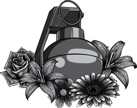 Monochrome Hand grenade with flower vector illustration.のイラスト素材