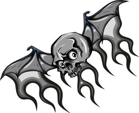 illustration of monochrome skull with bat wing on flamesのイラスト素材