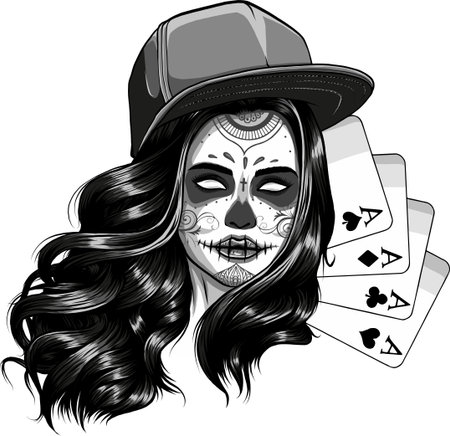 monochrome Poker cards with girk makeup skull, vector illustrationのイラスト素材