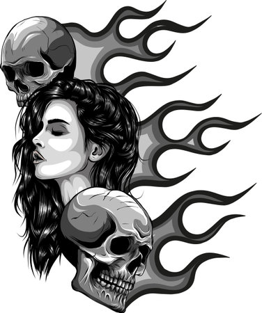 vector illustration of monochrome skulls with woman head on flamesのイラスト素材