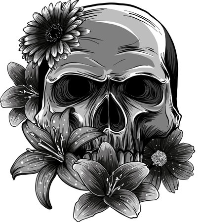 monochrome Leaning Skull Flowers Illustration. vector on white backgroundのイラスト素材