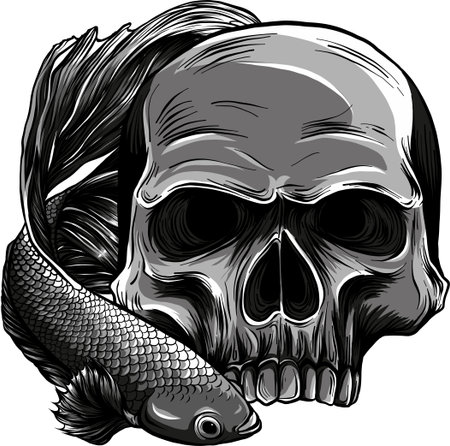 betta fish around human skull. vector illustration on white backgroundのイラスト素材