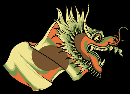 vector Japanese dragon illustration with Japanese flag on black backgroundのイラスト素材