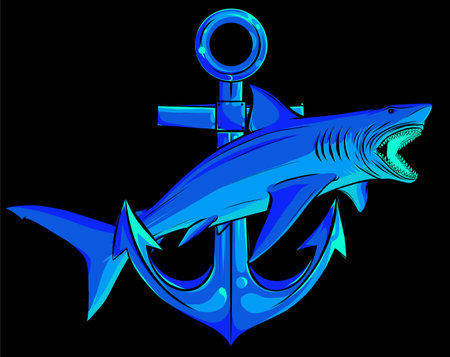 white shark with anchor on black background. vector illustration designのイラスト素材
