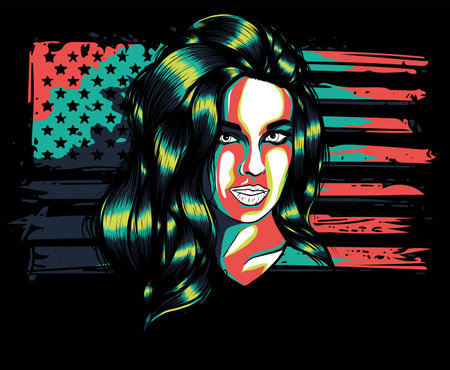 vector illustration of woman with usa flag on black backgroundのイラスト素材