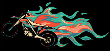 Motocross Mid Air Flames vector illustration on black backgroundのイラスト素材