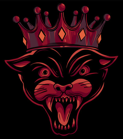 Black panther with crown on his head and open mouth on black backgroundのイラスト素材