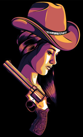western girl with revolveron black background - vector illustrationのイラスト素材