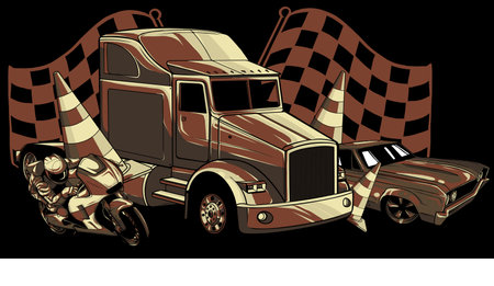 vector illustration of Cartoon vehicles transport on black backgroundのイラスト素材