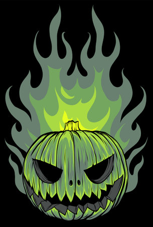 Vector of a Scary Flaming Halloween Pumpkin on black backgroundのイラスト素材