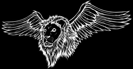 Wild Lion Vector in white line on black backgroundのイラスト素材