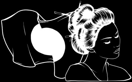 beautiful japanese geisha in white line on black backgroundのイラスト素材