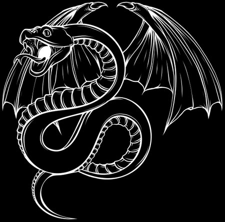 Snake in white line on black backgroundのイラスト素材