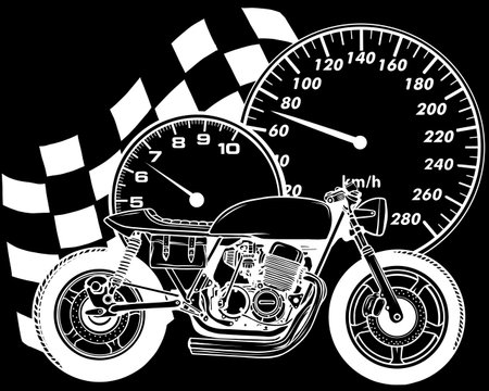 Cafe racer motorcycle in white line on black backgroundのイラスト素材
