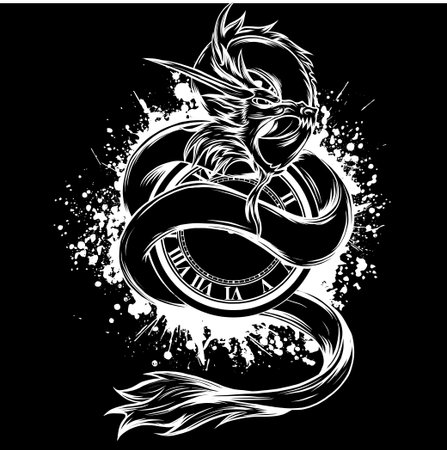 dragon in white line on black backgroundのイラスト素材