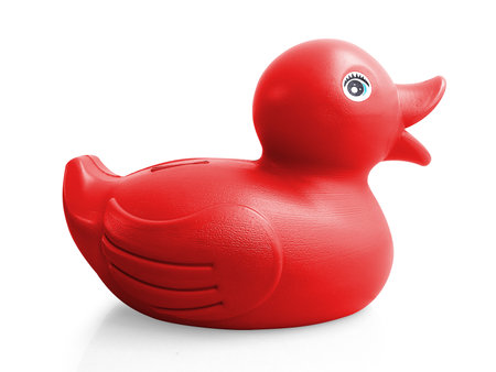 Red Rubber or plastic Duck isolated on whiteの写真素材