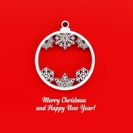 Christmas ball with snowflake on red backgroundの写真素材