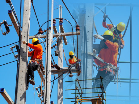 Man Working on the Working at height with blue sky at construction site