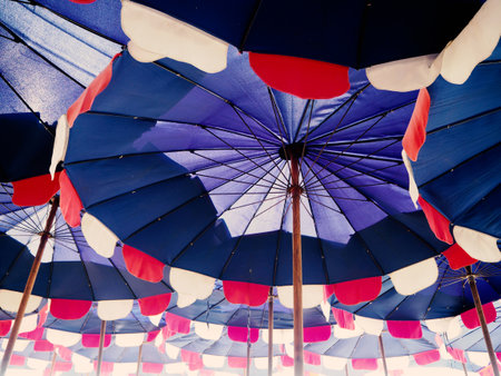 umbrellas on a beach backgroundの写真素材