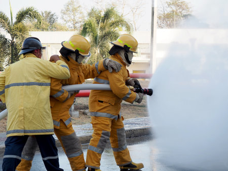 Fire departments and emergency response teams will conduct disaster preparedness drillsの写真素材