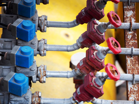 Industrial high pressure gas, pipelines and valves on factoryの写真素材