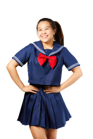 Japanese style school girl white background.の写真素材