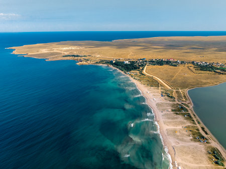 Aerial view of the sandy bay in the Crimea.の写真素材