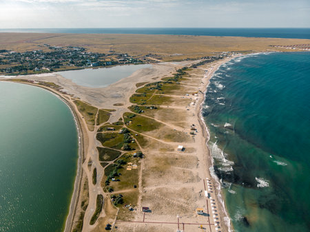 View from the drone to the sea and estuary. Crimea.の写真素材