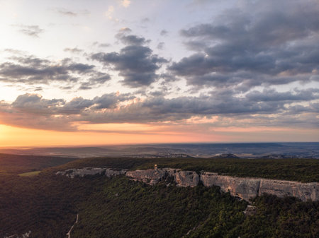 sunset over the mountain monastery of Crimea.の写真素材