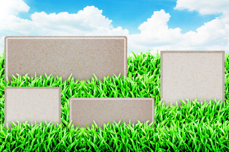 Grass field and cloudy sky background : recycle paper space の写真素材