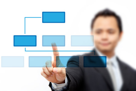 Business man pressing blue button Chart の写真素材