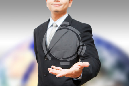 Business man hold space box with earth backgroundの写真素材