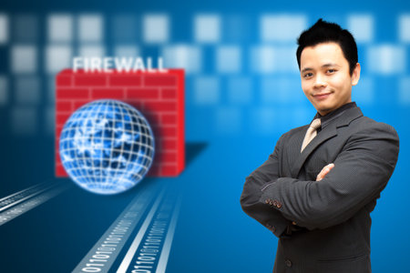 Smile Businessman and firewall background 