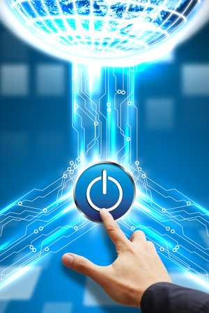 Smart hand press power button on digital background 