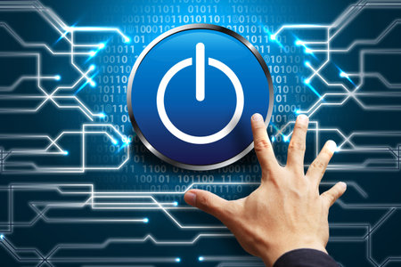 Smart hand press power button on digital background 