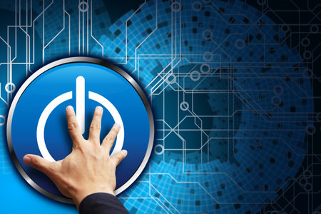Smart hand press power button on digital background 