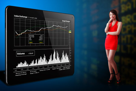 Woman in red dress and stock graph reportの写真素材