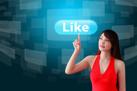 Woman in red dress touch on like button