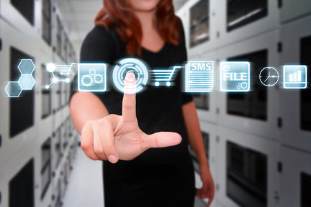 Programmer in data center room and icon control