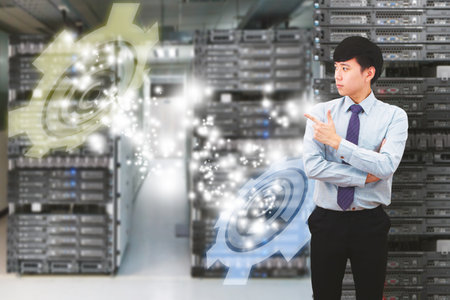 Programmer in data center room