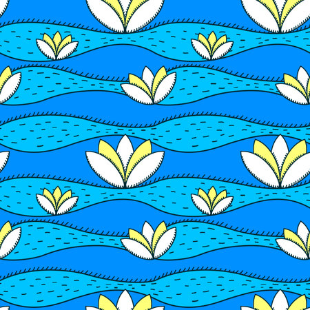 simple pattern with white water flowers lily in waterのイラスト素材