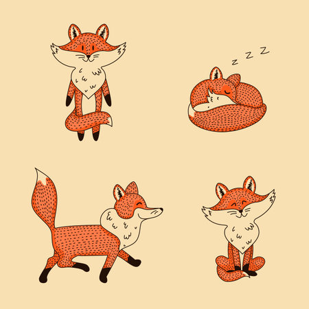 Set of cute cartoon foxes in simple cartoon style. Isolated vector illustrationのイラスト素材