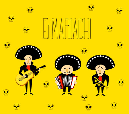Mexican music band El Mariachi of three musicians - guitar, accordion, trumpetのイラスト素材