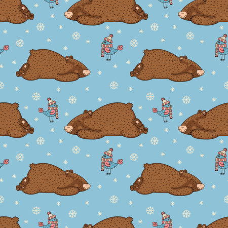 seamless winter pattern with sleepy bears and birds in hats on a blue backgroundのイラスト素材