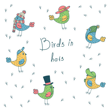 set of 6 color funny birds in different hats on a white background and bird footprintsのイラスト素材