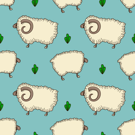 simple vector seamless pattern with sheep and ram on a blue backgroundのイラスト素材