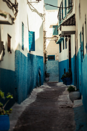 Traditional narrow street, colored in blueの写真素材