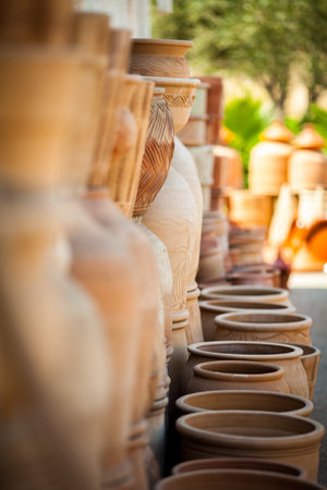 Row of traditional moroccan ceramic potsの写真素材