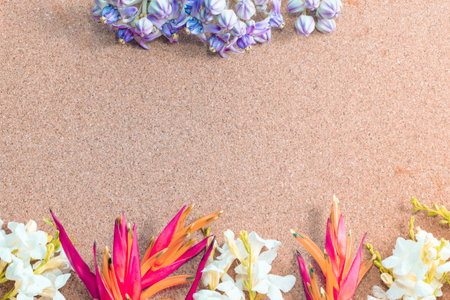 Frame made of white flowers on a brown background, Flat lay, copy space,border design.