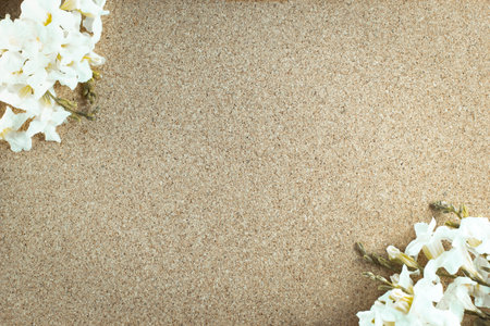 Frame made of white flowers on a brown background, Flat lay, copy spaceの写真素材